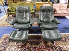 Pair Of Modern Green Leather Reclining Armchairs With Matching Footstools,