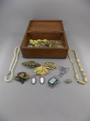 Wooden Table Box With Hinged Lid Containing A Small Collection Of  Costume Jewellery Comprising