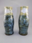 Pair Of Late 19thC Doulton Lambeth Art Nouveau Vases, Mottled Green Ground, Impressed Mark To Base,