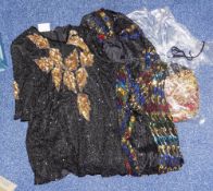 Two Ladies Designer Beaded Black Evening Dresses , one Frank Usher together with handbag.