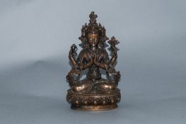 Tibetan - Seated Bronze Tara, The Consort of Avalokitesvara Set with Turquoise and Red Stones.