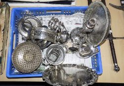 Box of Silver Plated Ware. Comprising Toast Rack, Salt and Pepper, Candlestick, Coffee Pot etc.