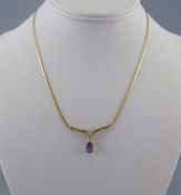 9ct Gold Necklace Set With 6 Round Brilliant Cut Diamonds Above A Pear Shaped Amethyst,