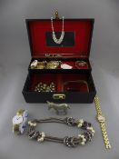 Black Leatherette Jewellery Box Containing A Collection Of Costume Jewellery To Include Necklaces,
