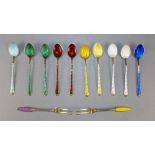 Danish Very Fine Antique Silver and Enamel Matching Set of 10 Spoons with two matching forks.