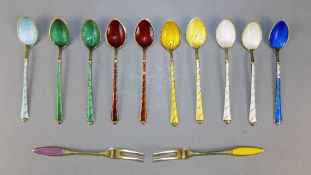 Danish Very Fine Antique Silver and Enamel Matching Set of 10 Spoons with two matching forks.