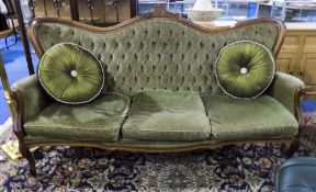 Victorian Camel Back 3 Seater Sofa, Green Upholstered Button Back With 3 Cushioned Seats,