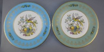 Aynsley Set of Four Buffet Plates, decorated with a turquoise border with bird and fruit decoration.