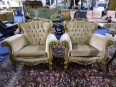 Pair Of Walnut Framed Italian Armchairs, Padded Button Backs With Cushioned Armrests and Seats,
