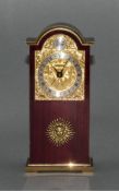 Tempus Fugit Swiss Made Quality Wind Up Table Clock, In Gilt Brass and Polished Mahogany with Alarm.