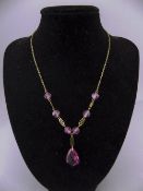 Antique and Elegant Ladies 9ct Gold Fine Necklace and Pear Shaped Drop Set with 6 Faceted Pink Bead