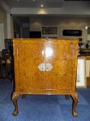 1920's Walnut Fronted Cocktail Cabinet, 2 Hinged Doors With Central Lock Plates,