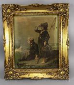 A 19th Century Oil Painting - A Painting of Two Young Victorian Girls Holding a Fishing Rod and