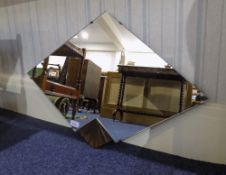 1950's Art Deco Style Wall Mirror Diamond Shaped With Carved Fan Base, Wooden Backed,