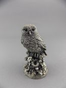 A 20th Century Small Silver Owl Figure, Perched on a Tree Stump, Naturalisticily Modelled.