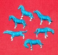 6 Chinese Turquoise Ceramic Glazed Horse Figurines, Each 3 To 3.5 Inches In Length, AF