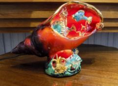 French Table Lamp 1950/60's Vallauris Majolica In The Form Of A Conch Shell With Fish,