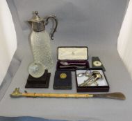 Mixed Lot Containing A Silver Plated Spoon And Fork, A Shoe Horn,