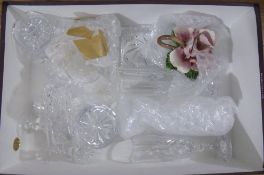 Collection of Glass Ware including drinking glasses, china rose ornament,
