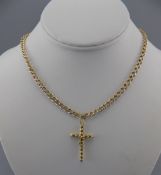 A 9ct Gold Curb Chain, with Attached 9ct Gold Cross and Safety Chain. Marked 3.75.