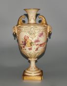 Royal Worcester Blush Ivory Hand Painted and Large Twin Mask Handle Pedestal Vase.