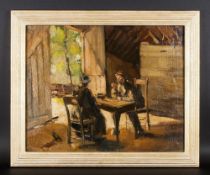 German Late 19th Century Impressionist Study of a Barn Yard Scene with Old Gents Plucking Chickens