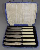 A Boxed Set of Six Viners Super Stainless Steel Bladed and Ivorine Handle Butter Knifes.