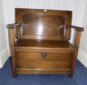 Early To Mid 20thC Golden Oak Monks Bench With Table Top Back, Hinged Lidded Seat, Height 36 Inches,