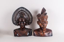 Tribal Art Carved Wooden Balinese Sculptures Depicting The Bust Of A Tribal Woman & Man . Made in