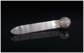 German Silver Letter Opener with Globular Floral Terminal, Plain Blade Marked 800,