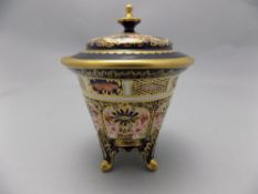 Royal Crown Derby Imari Pattern Lidded and Footed Trinket Jar. Date 1911. Height 4.5 Inches.