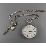 Victorian Large Silver - Key wind Open Faced Pocket Watch with Attached Silver Albert Chain.