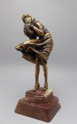 Art Deco Heavy and Fine Copper Lustred and Ivorine Figure of a Windswept Young Woman Raised on a