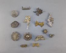 Collection of Mediterranean Filigree Jewellery comprising fourteen white metal brooches, some gilt,