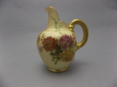 Royal Worcester Hand Painted Blush Ivory Helmet Shaped Jug, with Floral Decoration.