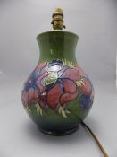 Moorcroft Large Tube Lined Lamp Base ' Clematis ' Design on Green Ground. Stands 12.5 Inches High.