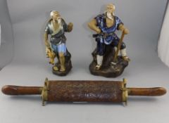Two Oriental Figures Depicting A Fisherman And Wood Cutter Together With A Carved Oriental Carving
