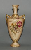 Royal Worcester Hand Painted Twin Handle - Blush Ivory Vase,