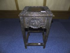 Early 20thC Small Carved Oak Table, Geometric Carved Top With Figures To The Frieze,