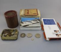 Box of Assorted Collectables including stamps, coins and postcards.