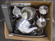 Box of Assorted Metalware inlcuding Picquot Ware teaset etc