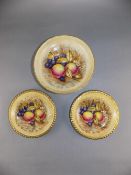 Aynsley Painted Fruit Pair of Gadroon Edge Acid Gold Dishes. Together with a footed bon bon dish.