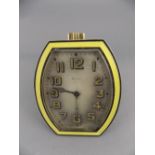 Art Deco Enamelled Travelling Strut Clock, Barrel Shaped Silver Case With Guilloche Enamel Border,