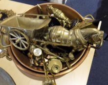 Mixed Collection Of Metalware Comprising 2 Large Twin Handled Copper Bowls, Brass Horse And Cart,