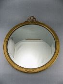 Antique - Wooden Circular Wall Bevelled Mirror, with Swags and Bow Top. Size 17 x 15.5 Inches.