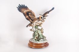 Capo Di Monte Figure Of  A Barn Owl Perched On A Branch. Wings Extended. 16'' in height, 17'' in