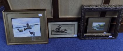 Collection Of Framed Pictures Comprising Winter Landscape With Shepherd And Sheep Monogrammed EAM,