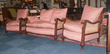 Edwardian English Very Good Quality Three Piece Walnut Carved Bergere Suite standing on shaped