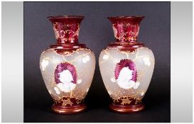 A Pair Of Impressive Bohemian Portrait Ruby & Cameo Glass Vases, Circa 1880's with gold overlay.