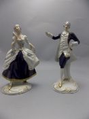 Royal Dux Hand Painted Pair of Blue and White 1930's Porcelain Figures  ' A Gentleman and Lady In
